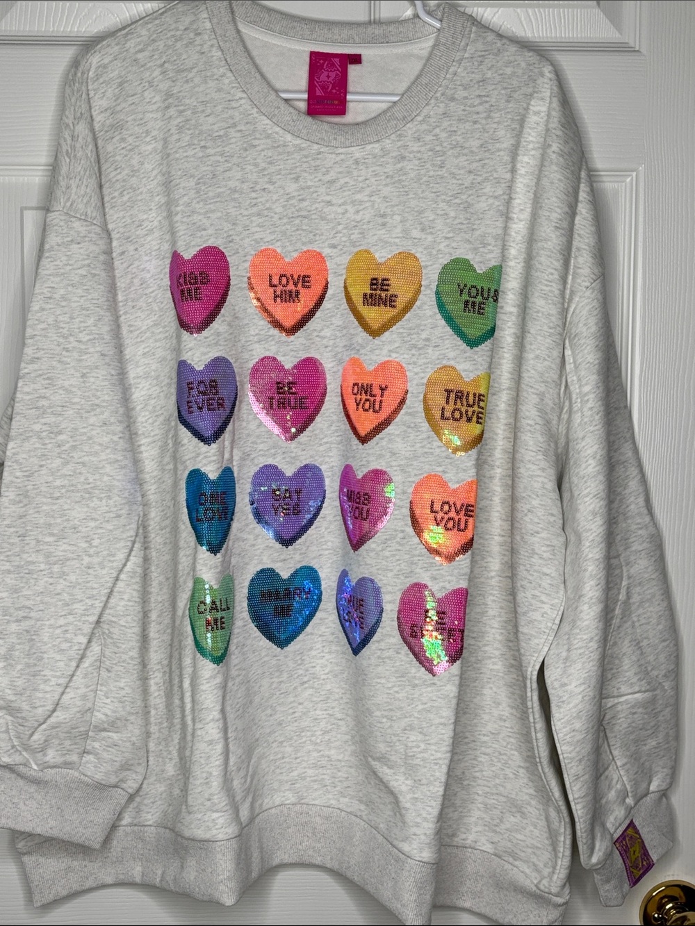 Queen of Sparkles Light Grey Sweetheart Sequin Candy Hearts Sweatshirt